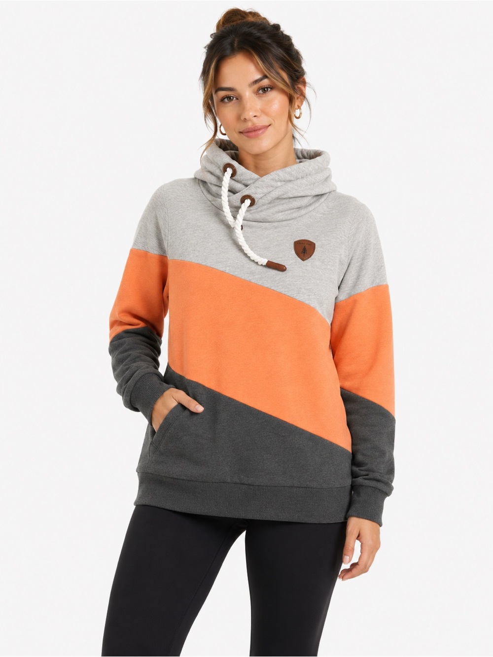 Wanakome XS Colour Block Cowl Neck Hoodie Grey Orange Charcoal Pullover